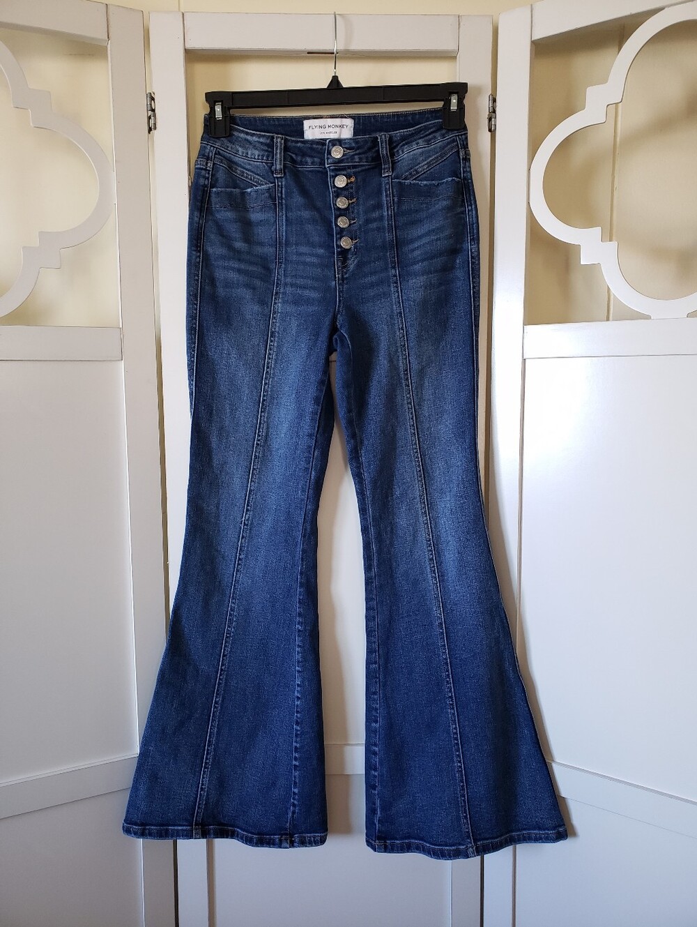 Flying Monkey Blue High-Rise Super Flare Jeans with Stretch Button Fly Size 28